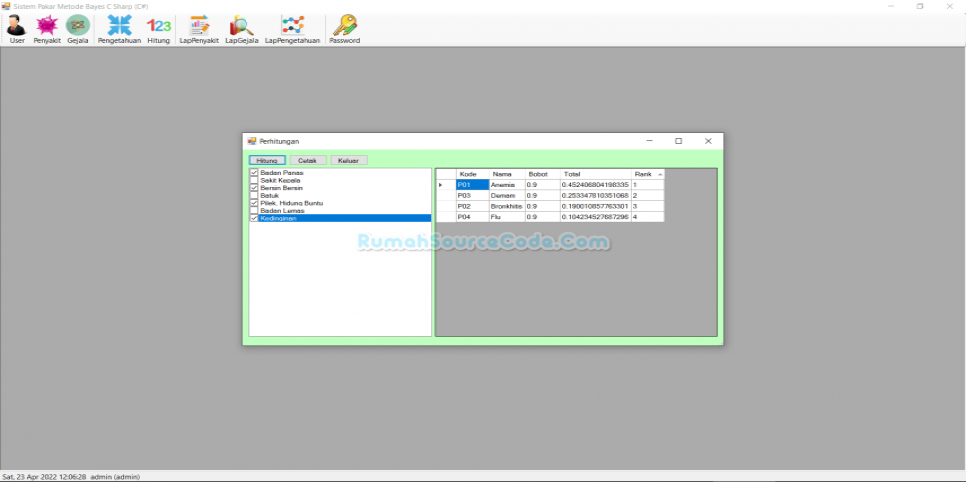Source Code Sistem Pakar Metode Bayes dengan C#