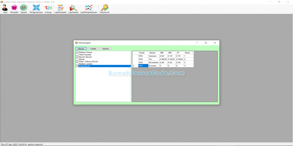 Source Code Sistem Pakar Metode Certainty Factor C Sharp (C#)