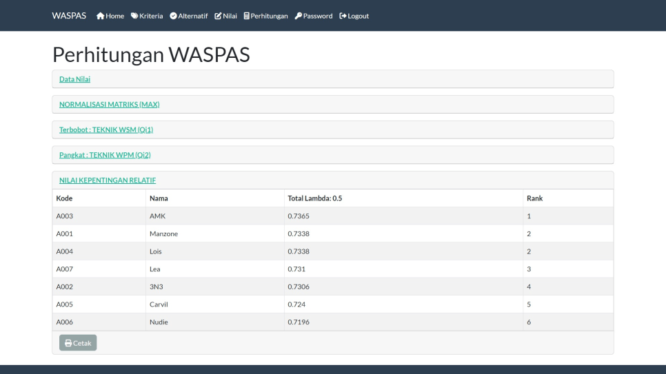 Source Code SPK Metode WASPAS PHP