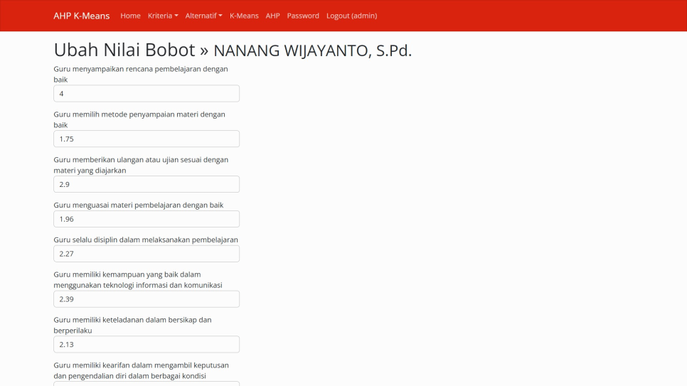 AHP K Means PHP Nilai Alternatif Ubah