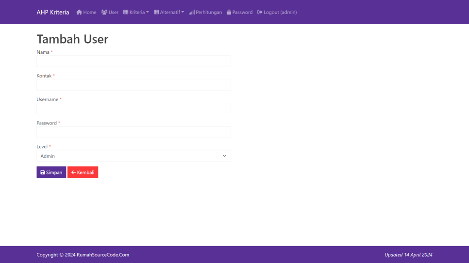 AHP Kriteria PHP User Tambah