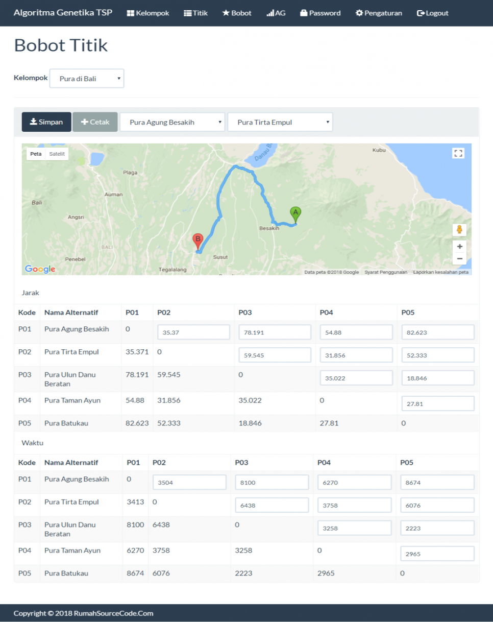 Algoritm Genetika TSP PHP Bobot Titik