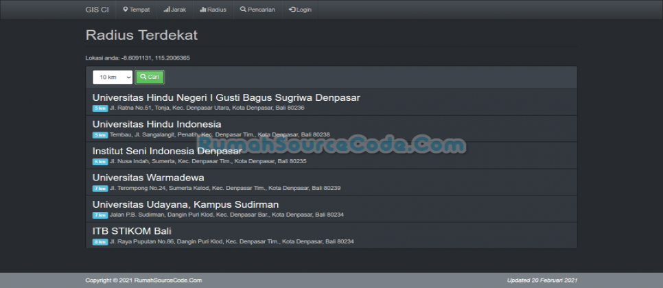 GIS Codeigniter Radius