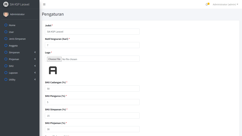 SIA KSP Laravel Pengaturan