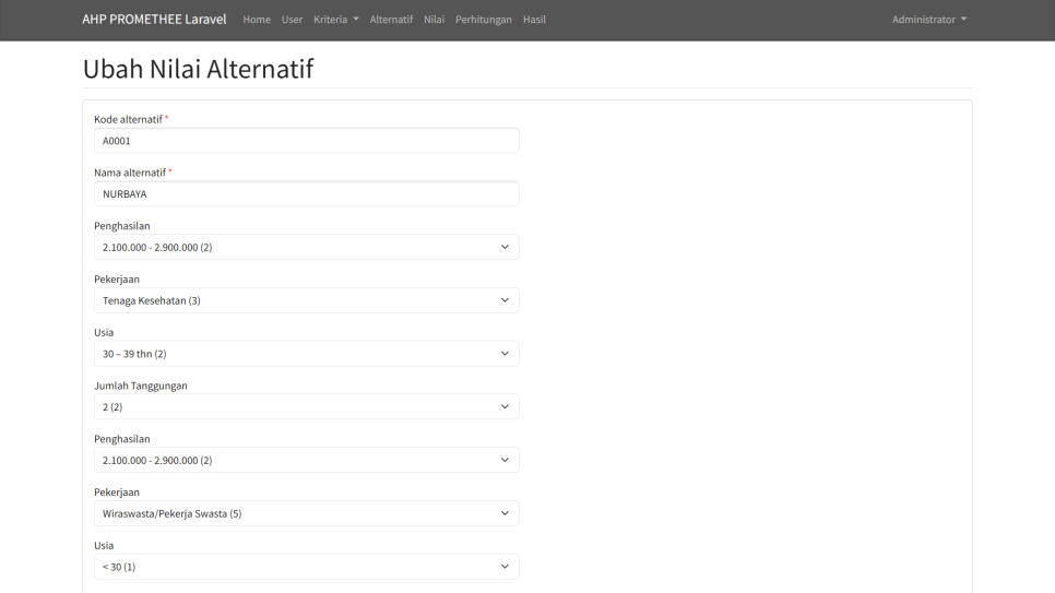 AHP PROMETHEE Laravel Nilai Ubah