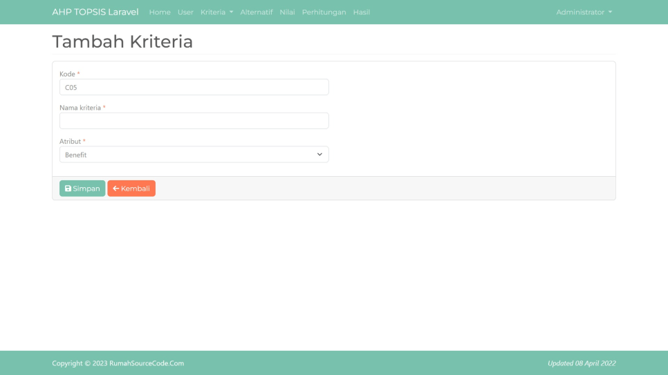 AHP TOPSIS Laravel Kriteria Tambah