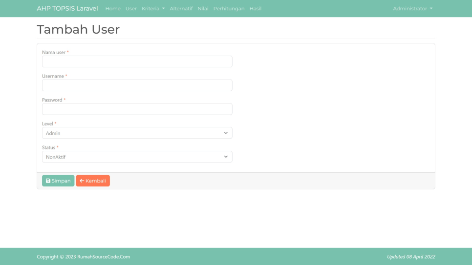AHP TOPSIS Laravel User Tambah