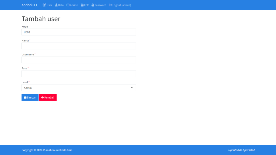 Apriori FCC PHP User Tambah