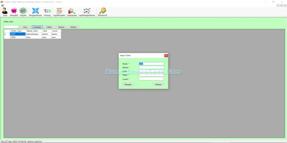 Sistem Pakar Metode Certainty Factor C Sharp User