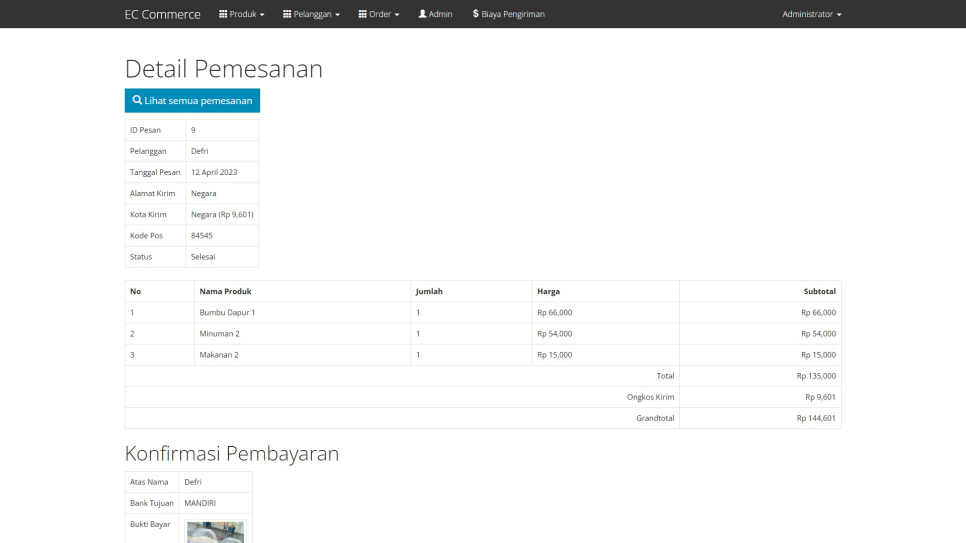E Commerce PHP Admin Order Detail
