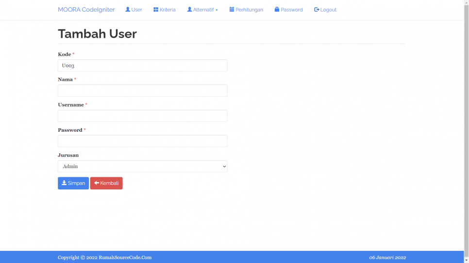 MOORA CI User Tambah