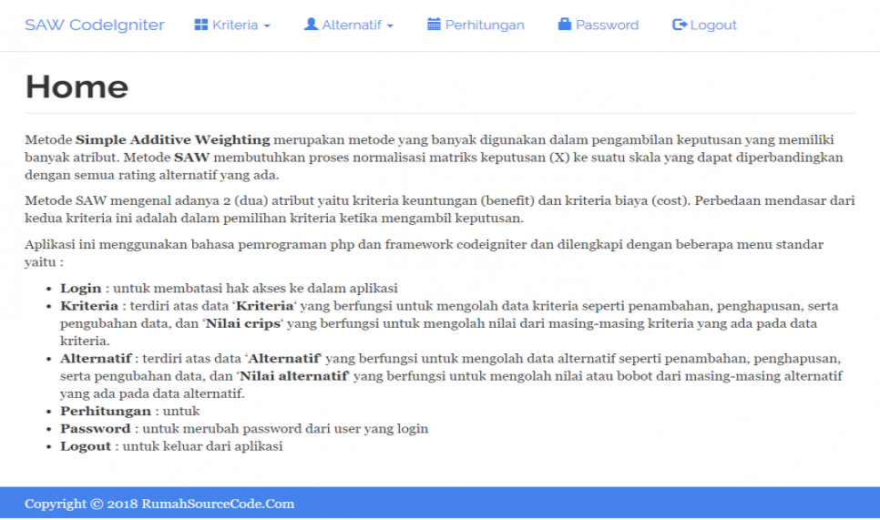 SPK Metode SAW CodeIgniter Halaman Utama