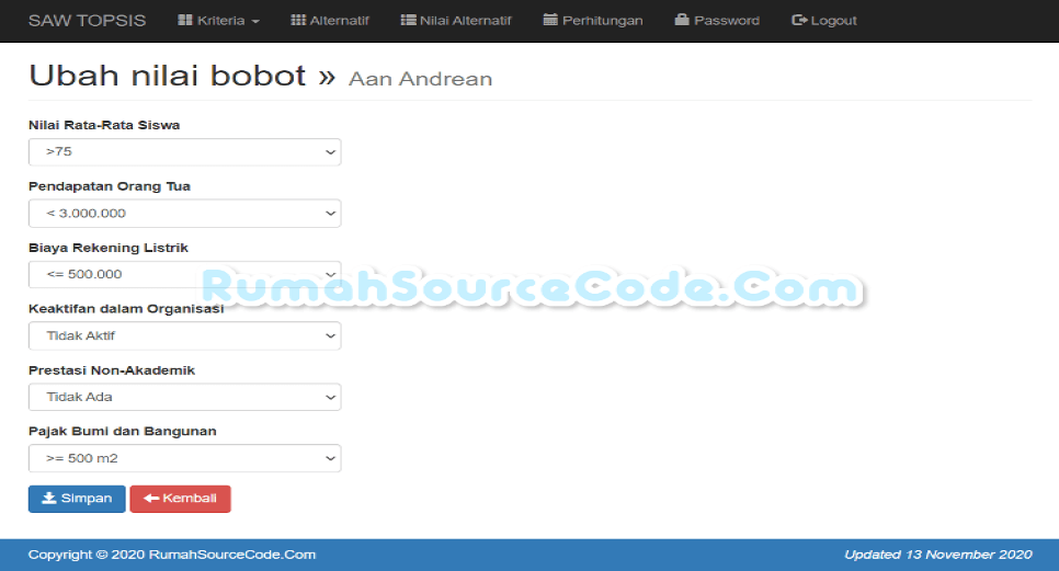 SAW TOPSIS PHP Nilai Alternatif Ubah