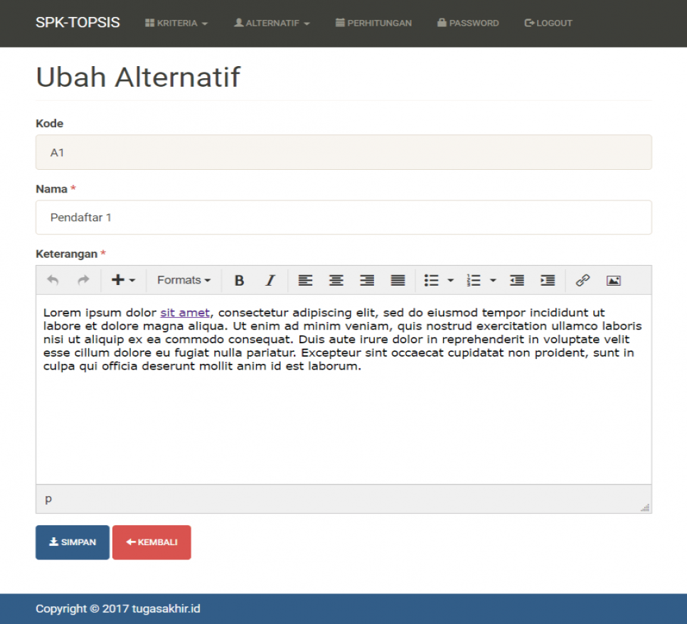 SPK Metode TOPSIS CodeIgniter Tambah Ubah Alternatif