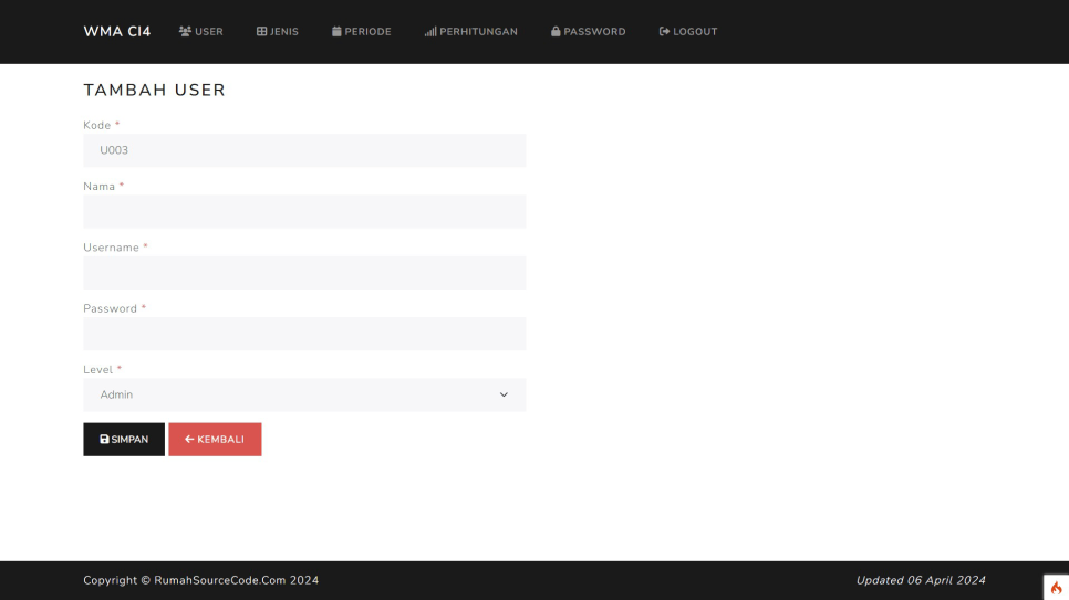 Source Code Forecasting WMA Codeigniter User Tambah